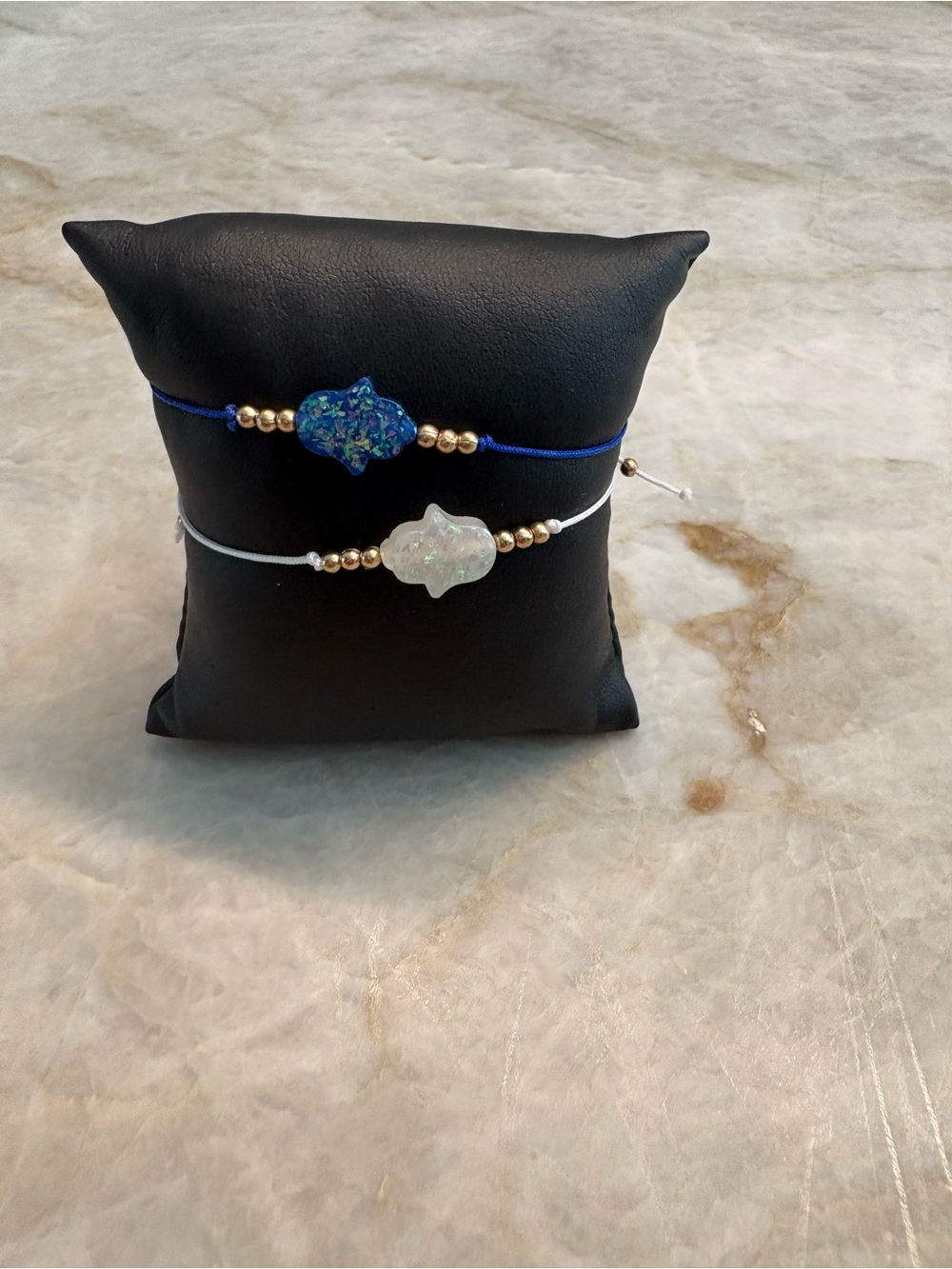 Adjustable Blue and White Starburst Cord Bracelets with Gold Beads